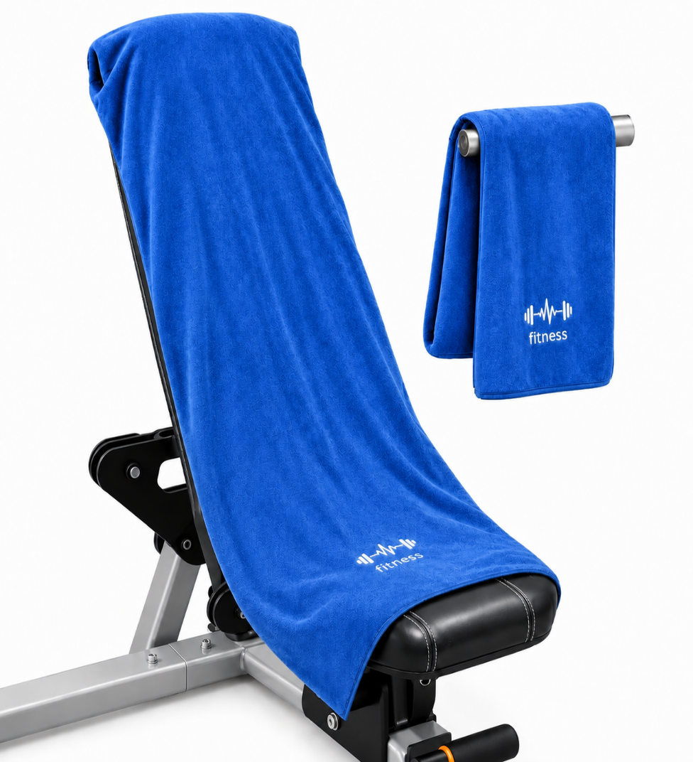 Blue STRIVEX pocket gym towel displayed in a gym setting