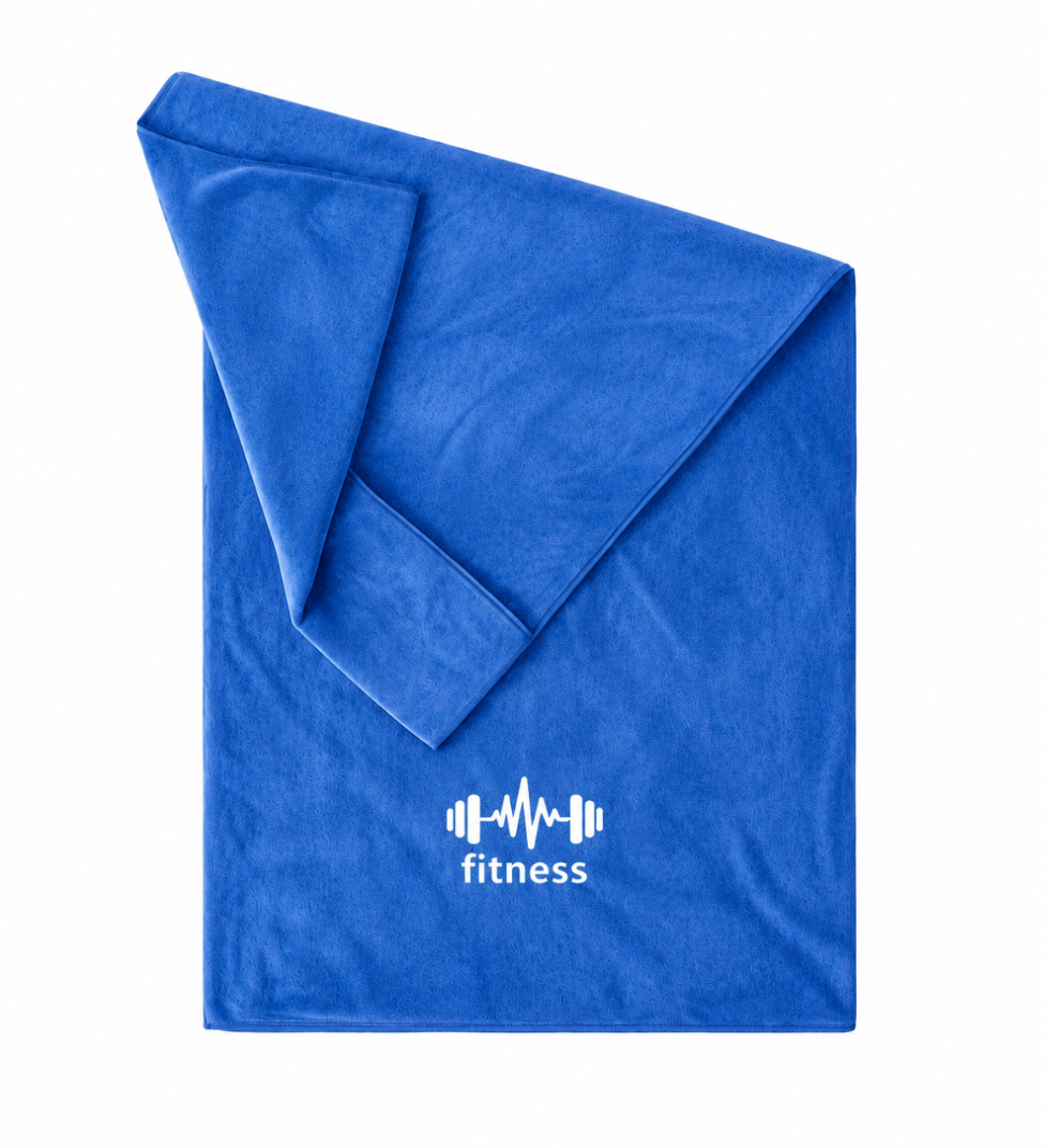 Blue STRIVEX microfibre gym towel with bench pocket on a white background