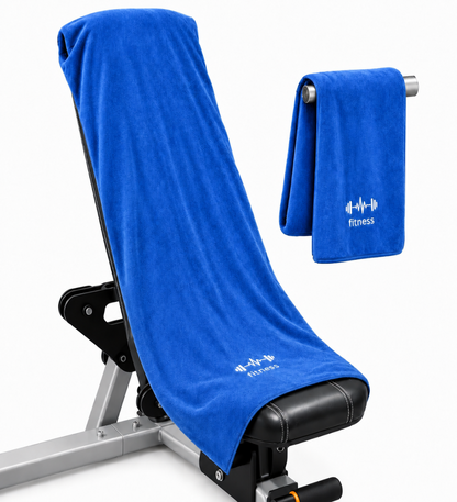 Blue STRIVEX pocket gym towel displayed in a gym setting