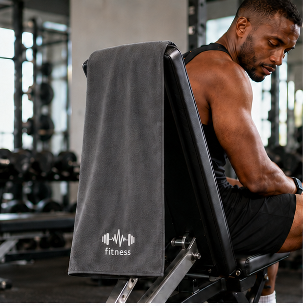 STRIVEX towel hooked over a gym bench
