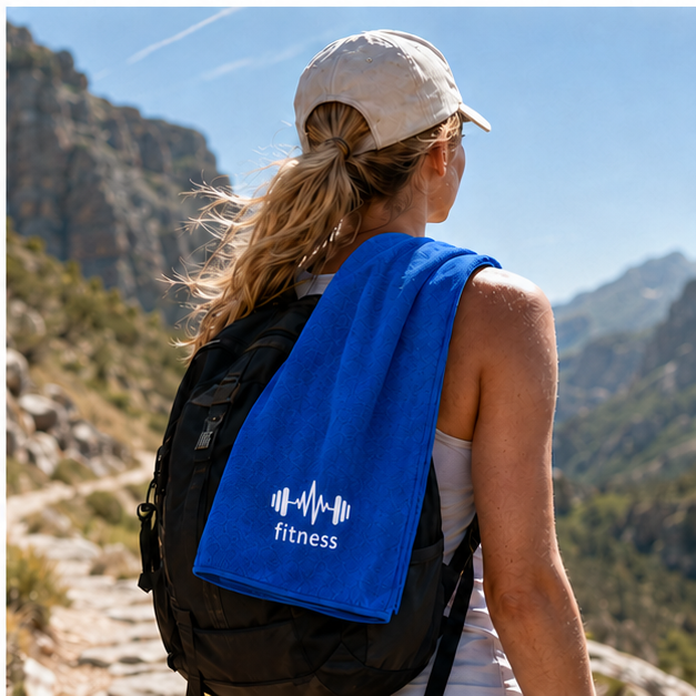 Blue STRIVEX towel used while hiking